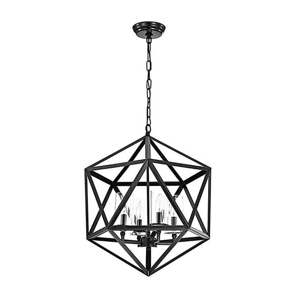 Renzo 4-Light Antique Black Geometric Iron Modern Farmhouse Cage Chandelier with Clear Glass Shades