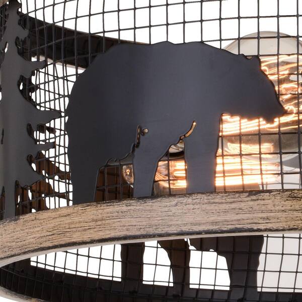 Kodiak 16-in W Black and Teak Rustic Semi Flush Mount Ceiling Light Bear and Tree Motif