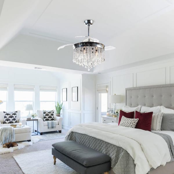 Mateo 42 in. Indoor Downrod Mount Retractable Chrome Ceiling Fan Chandelier with Light Kit and Remote Control