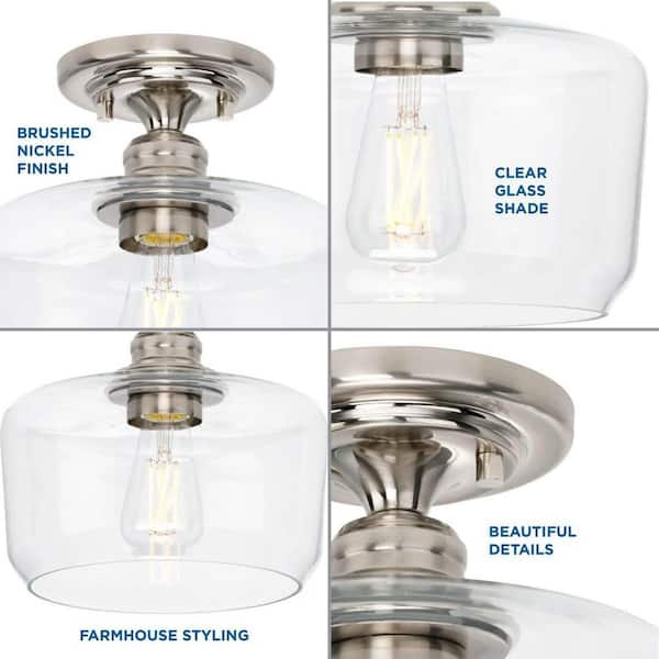 Aiken Collection 1-Light Brushed Nickel Clear Glass Farmhouse Flush Mount Light