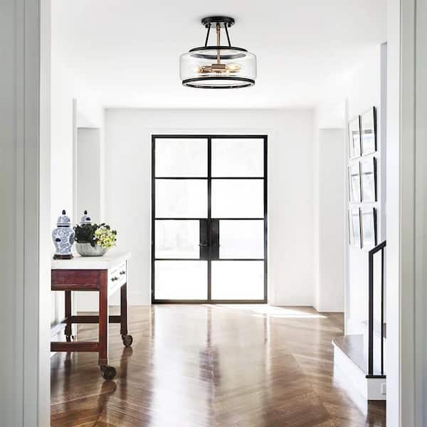Lumin 11.8 in. 3-Light Black and Brass Semi-Flush Mount with Clear Glass Shade