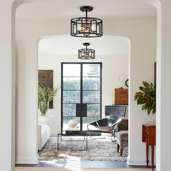 11.8 in. W 2-Light Black Drum Semi-Flush Mount Ceiling Light Industrial Close to Ceiling with Clear Glass for Hallway