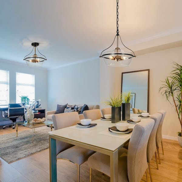 14 in. Modern 3-Light Brass Gold Chandelier Light, Black Bowl Hanging Pendant with Clear Glass Hanging Ceiling Light