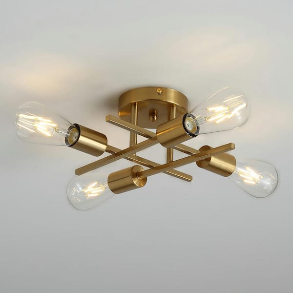 Modern 11 in. 4-Light Gold Sputnik Linear Farmhouse Semi-Flush Mount Ceiling Lighting Fixture