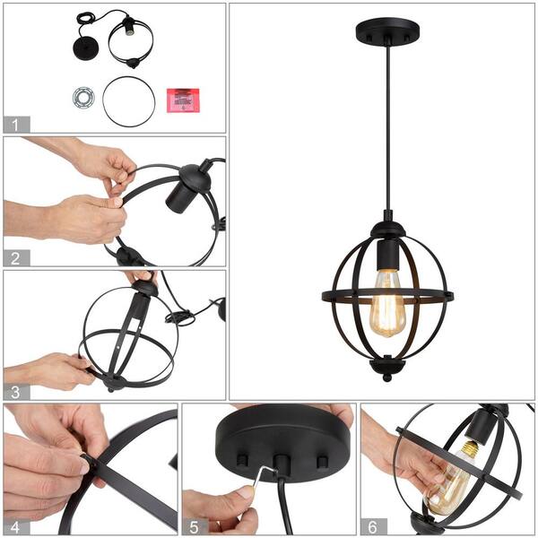 Black Pendant Light Modern Globe 1-Light 9.5 in. Cage Geometric Kitchen Island Foyer Pendant Chandelier