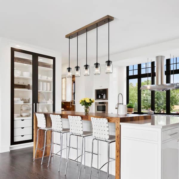 Industrial Kitchen Island Faux Wood Chandelier Farmhouse 5-Light Dining Room Black Chandelier with Mason Jar Shades