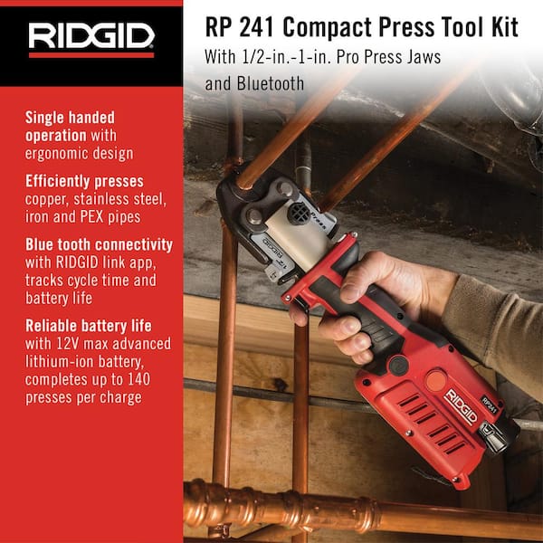 RP 241 Compact Inline Press Tool Kit Includes 3 ProPress Jaws (1/2 in., 3/4 in., 1 in.), 2-12V Batteries, Charger + Case