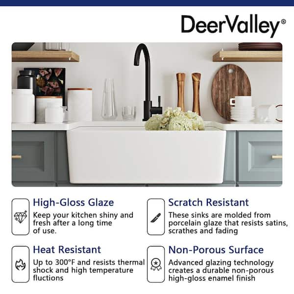 DeerValley Perch White Ceramic 24 in. L Rectangular Single Bowl Farmhouse Apron Kitchen Sink with Grid and Strainer