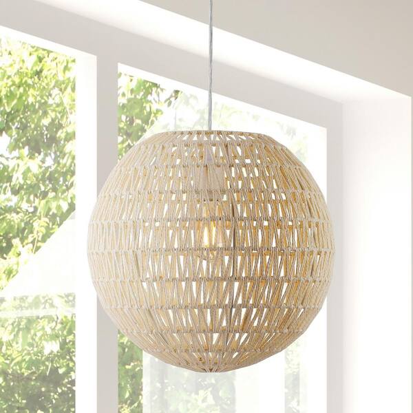 Luna 15.75 in. 1-Light Cream Bohemian Modern Woven Rattan/Iron LED Pendant, White