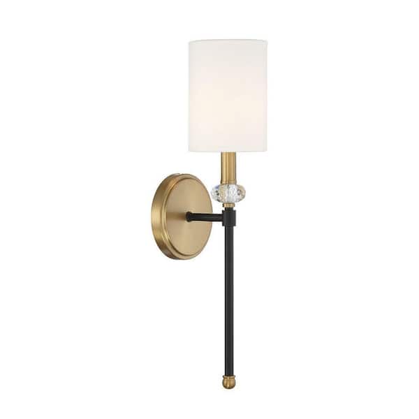 Tivoli 5 in. W x 19 in. H 1-Light Matte Black/Warm Brass Wall Sconce with Faceted Crystal Bauble and White Fabric Shade
