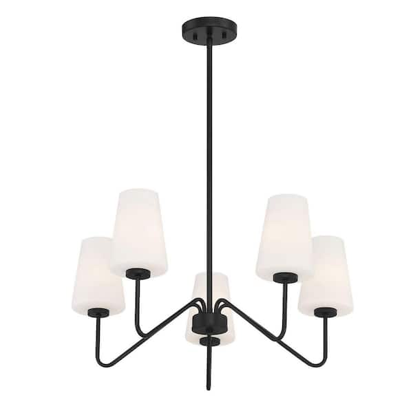 25.75 in. W x 12 in. H 5-Light Matte Black Chandelier with Conical White Glass Shades