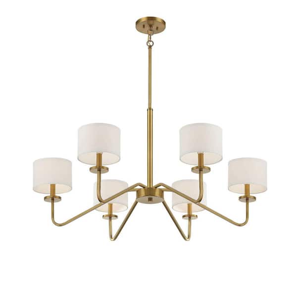 Meridian 42 in. W x 18 in. H 6-Light Natural Brass Chandelier with White Fabric Shades