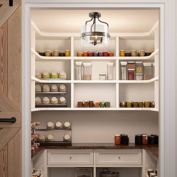 Modern Farmhouse Black Drum 3-Light Candlestick Semi-Flush Mount Ceiling Light with Faux Wood Accent Clear Glass Shade