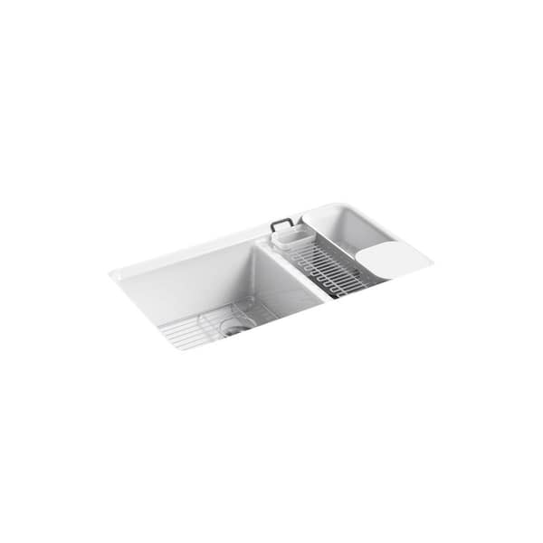Riverby Undermount Cast Iron 33 in. 5-Hole Double Bowl Kitchen Sink Kit in White