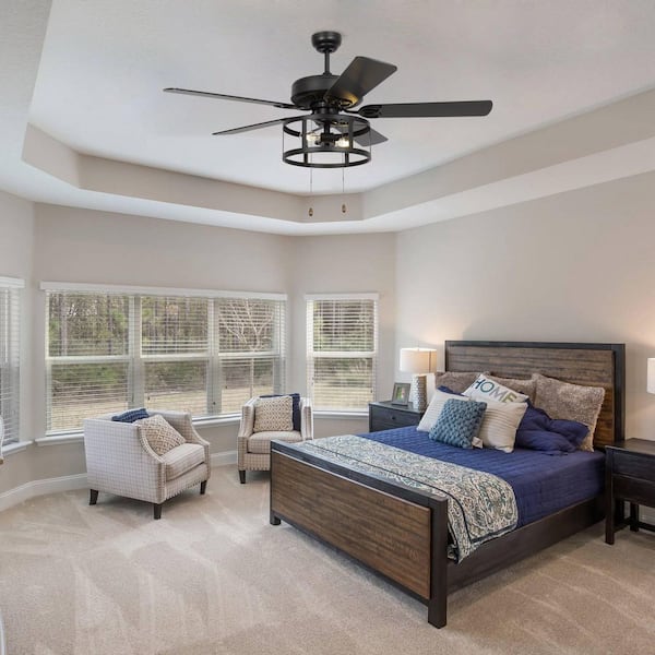 Urbana 52 in. Indoor Industrial Matte Black Ceiling Fan with Pull Chain and Light Kit