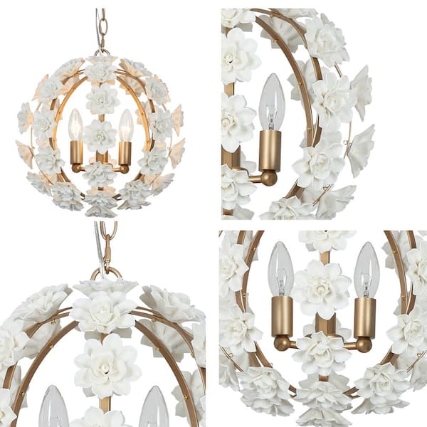 Modern Globe Dining Room Chandelier 3-Light Gold Chandelier Light with White Ceramics Flowers