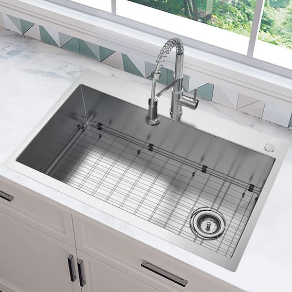 Professional 36 in. All in One Drop-In 16G Stainless Steel 2-Hole Single Bowl Kitchen Sink with Spring Neck Faucet