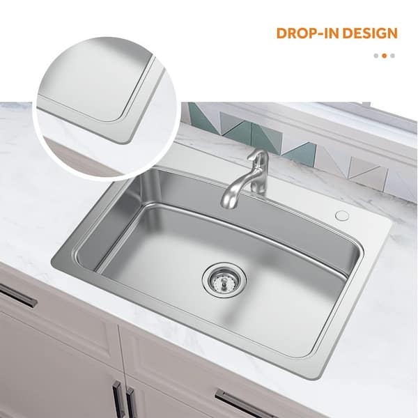 All in-One 33 in. Drop-in Single Bowl 20 Gauge Stainless Kitchen Sink with Pull-Out Faucet