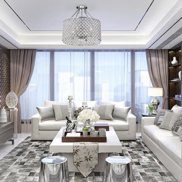 Marya 4-Light Modern Chrome Crystal Semi-Flush Mount Light with Clear Glass Crystal Beaded Drum Shade