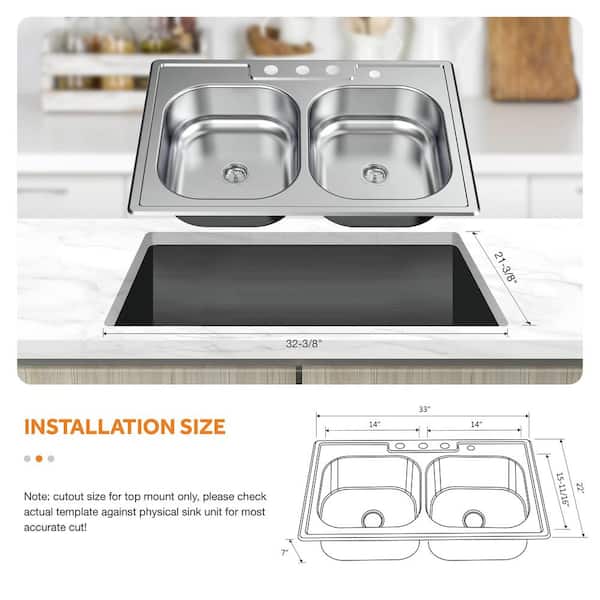 Drop-In Stainless Steel 33 in. 4-Hole Double Bowl Kitchen Sink