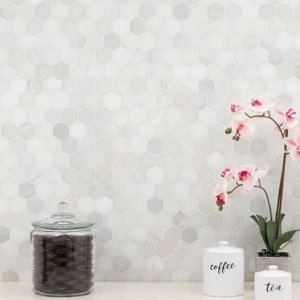 Greecian White 2 in. Hexagon 12 in. x 12 in. Polished Marble Floor and Wall Mosaic Tile (0.98 sq. ft./Each)