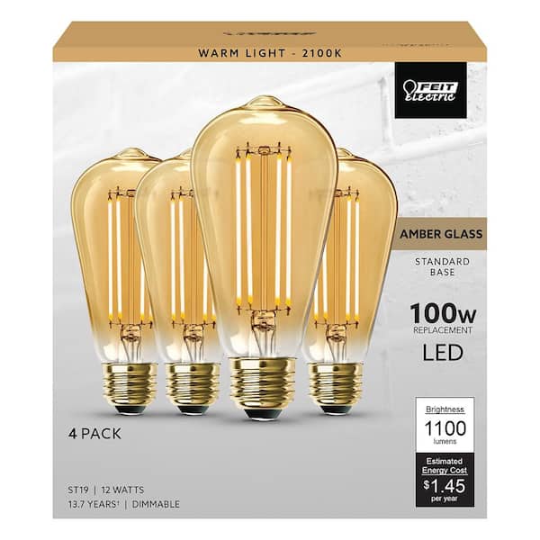 100-Watt Equivalent ST19 Dimmable Straight Filament Amber Glass Vintage Edison E26 LED Light Bulb, Warm White (4-Pack)
