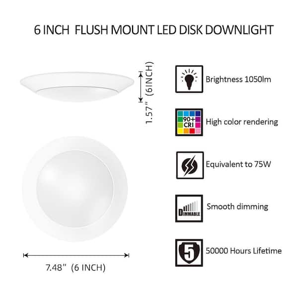 7.5 in. 90 CRI 3000K Warm White Dimmable Integrated LED Flush Mount Ceiling Light Disk Light (6-Pack)