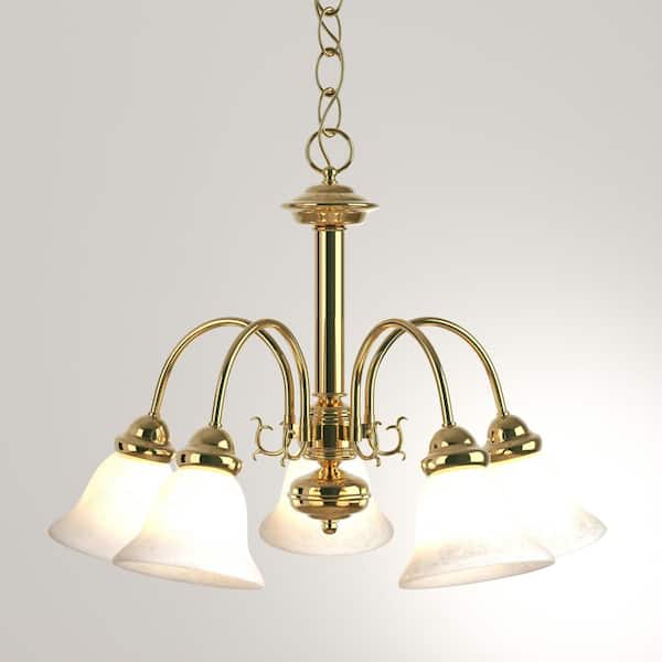 5-Light Polished Brass Chandelier with Alabaster Glass