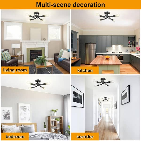 21.46 in.  4-Light Farmhouse Industrial Modern Black Semi Flush Mount Ceiling Light Fixture Ceiling Lamp