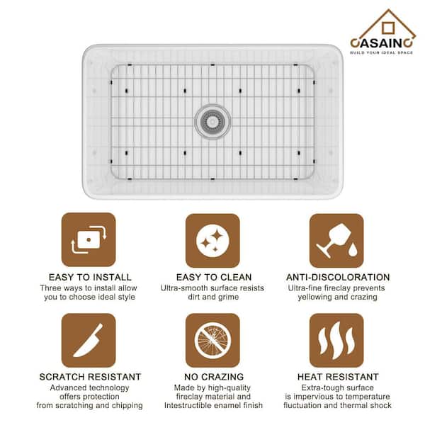 Glossy White Fireclay 30 in. Single Bowl Farmhouse Apron Kitchen Sink with Bottom Grid and Strainers With CUPC Certified
