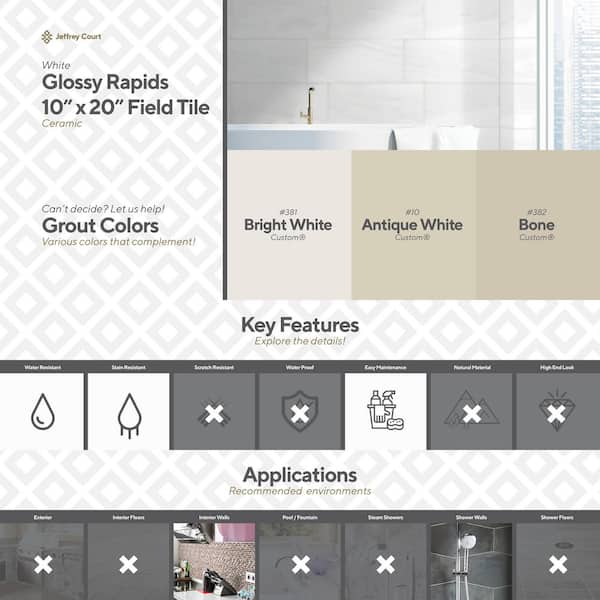 Glossy Rapids White 10 in. x 20 in. Subway Gloss Ceramic Wall Tile (14.80 sq. ft./Case)