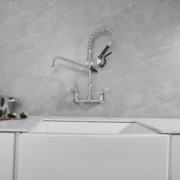 Commercial Restaurant Pull Down 2-Handle Wall Mount Pre-Rinse Spray Utility Kitchen Faucet in Polished Chrome