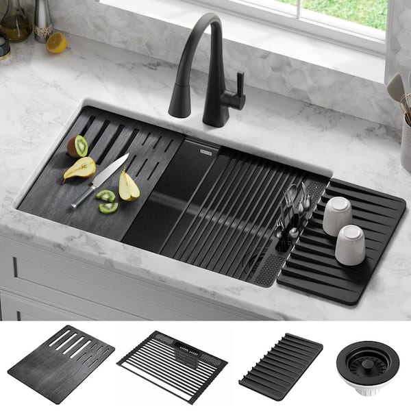 Everest Metallic Black Granite Composite 29 in. Single Bowl Undermount Workstation Kitchen Sink with Accessories