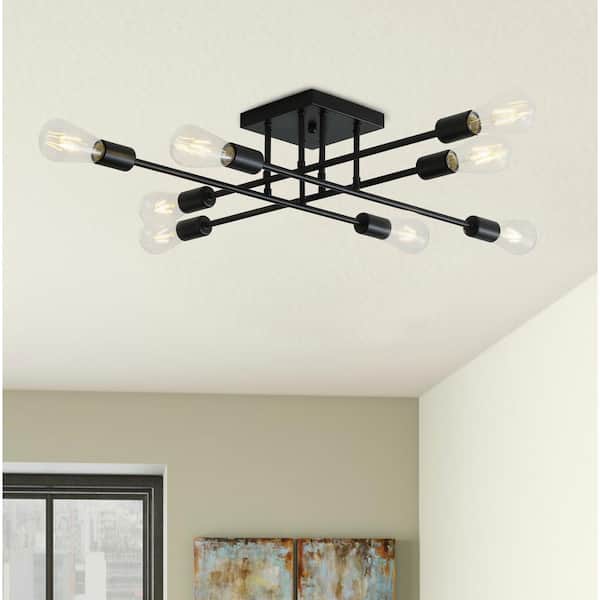 27.1in. 8-Light Black Sputnik Modern Linear Semi-Flush Mount