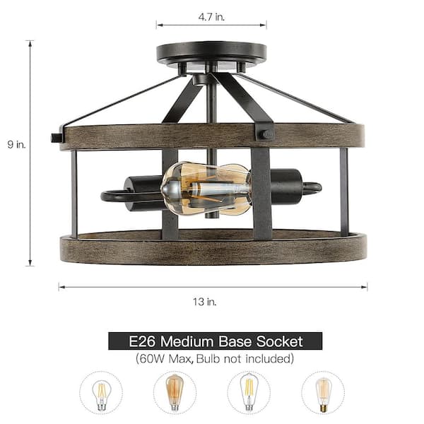 Madison 13 in. 2-Light Natural Iron and Distressed Faux Wood Industrial Farmhouse Semi-Flush Mount Ceiling Light