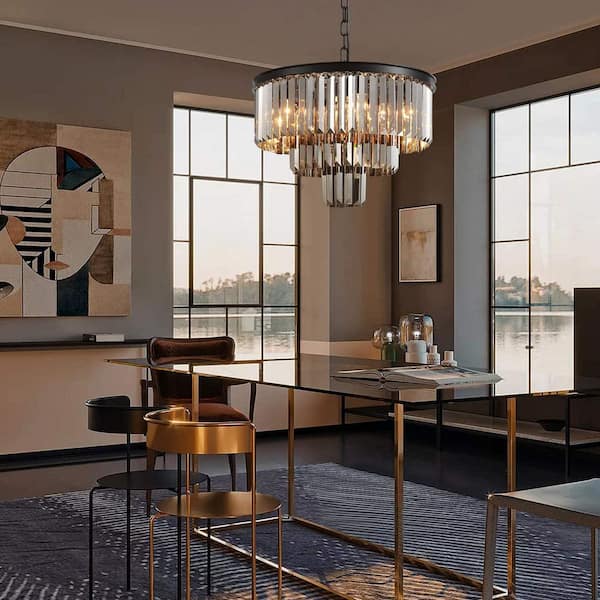 3-Tier Black and Smoked Crystal Chandelier 20 in. 6-Light Modern Kitchen Island Dining Table Pendant Lighting