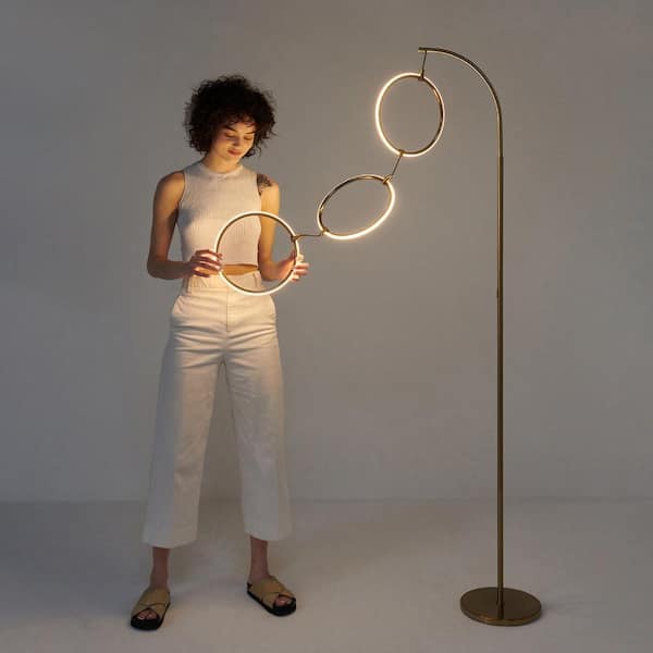 Nova 74 in. Antique Brass Dimmable LED Arc Standing Floor Lamp with 3 Ring-Style Light Pendants