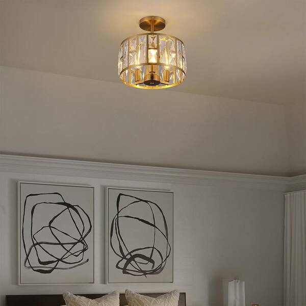 12 in. 3-Light Round Modern Gold Drum Semi Flush Mount Ceiling Light with Clear Crystal Glass