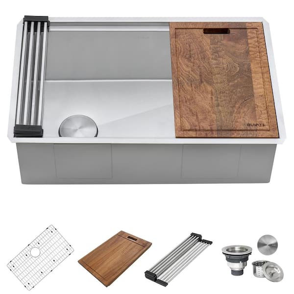 Veniso 16 Gauge Stainless Steel 33 in. Single Bowl Undermount Workstation Slope Bottom Offset Drain Kitchen Sink