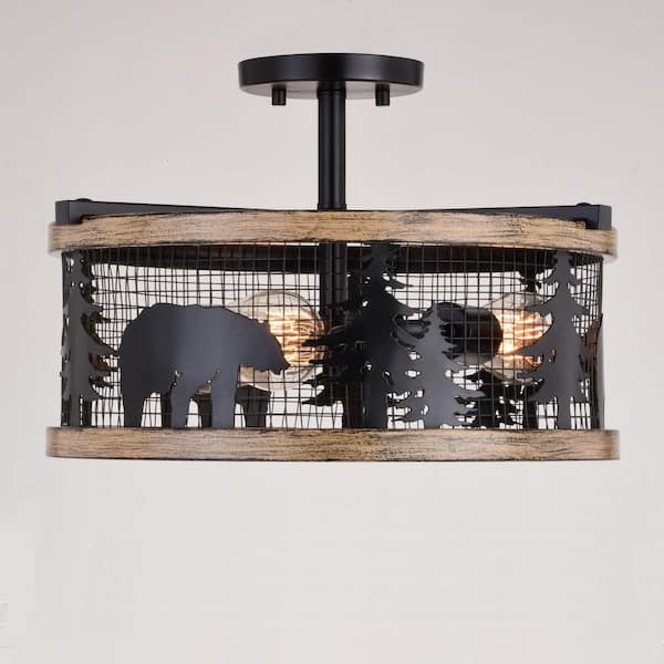 Kodiak 16-in W Black and Teak Rustic Semi Flush Mount Ceiling Light Bear and Tree Motif