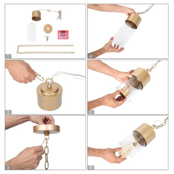 Mid-Century Cylinder Kitchen Island Hanging Pendant Light 1-Light Brass Gold Modern Pendant Light with Clear Glass Shade