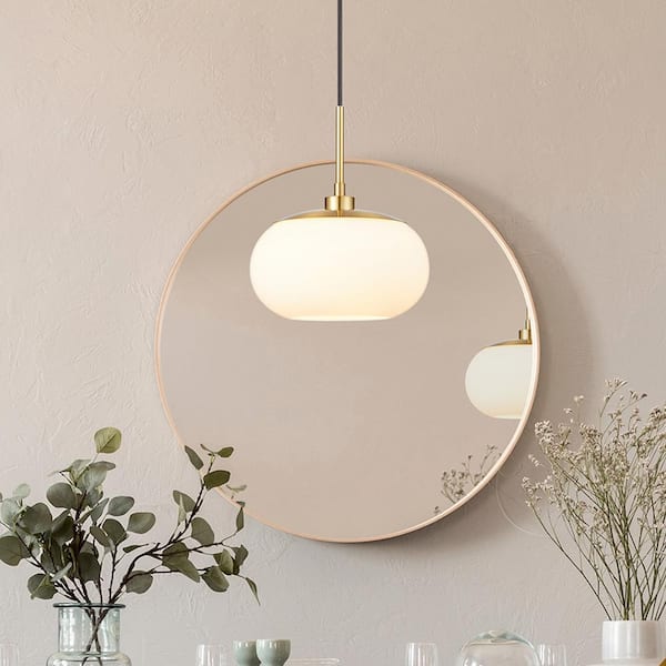 1-Light Opal Glass Pendant Light in Antique Brass Finish