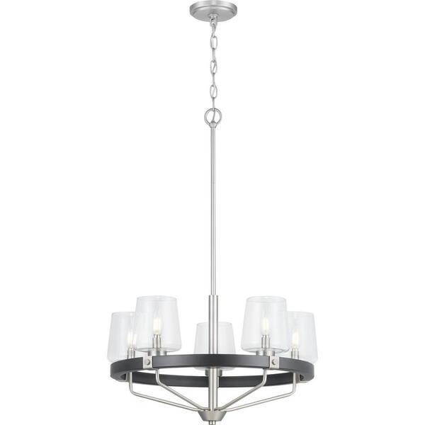 Estella 5-Light Satin Nickel Chandelier with Matte Black Accents and Clear Glass Shades