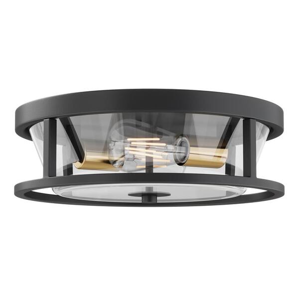 13 in. 2-Light Industrial Black Flush Mount Ceiling Light Fixture with Glass Shade