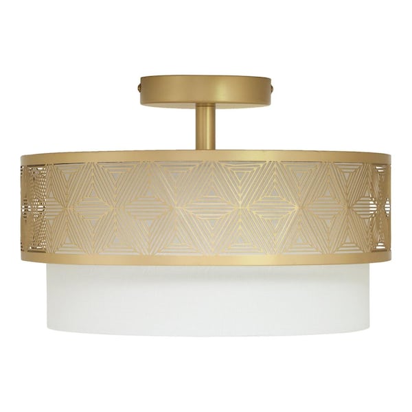 Sloane 13.125 in. Dual-Light Gold-Tone Semi-Flush Mount with White Fabric Drum Shade