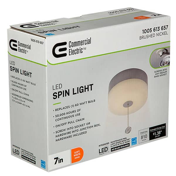 Spin Light 7 in. Closet Light LED Flush Mount Ceiling Light w/ Pull Chain Brushed Nickel Accent Clothes Closet Rated