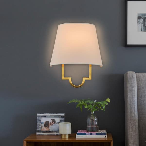 9 in. 1-Light Gold Hardwired and Plug-in Dimmable Wall Sconce with Fabric Shade and 8 ft. Cord