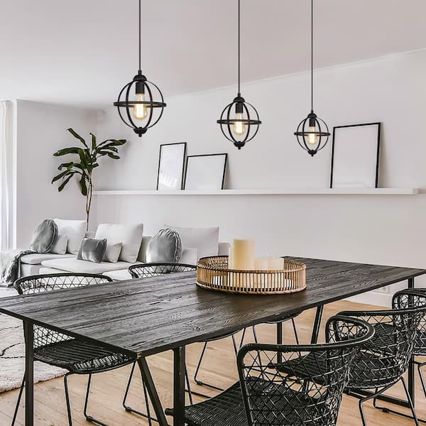 Black Pendant Light Modern Globe 1-Light 9.5 in. Cage Geometric Kitchen Island Foyer Pendant Chandelier