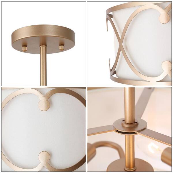 13 in. Transitional Semi-Flush Mount Lighting, 3-light Modern Farmhouse Drum Shaded Ceiling Light with White Linen Shade