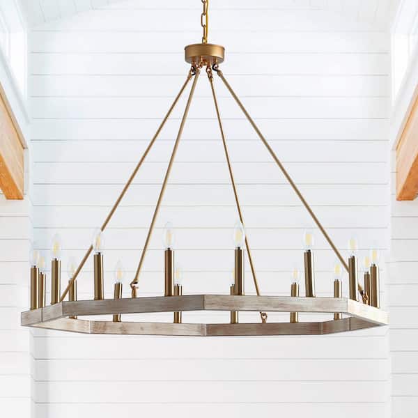 39.4 in. 16-Light Farmhouse Brushed Gold Wagon Wheel Candle Chandelier Geometric Industrial Pendant Lighting